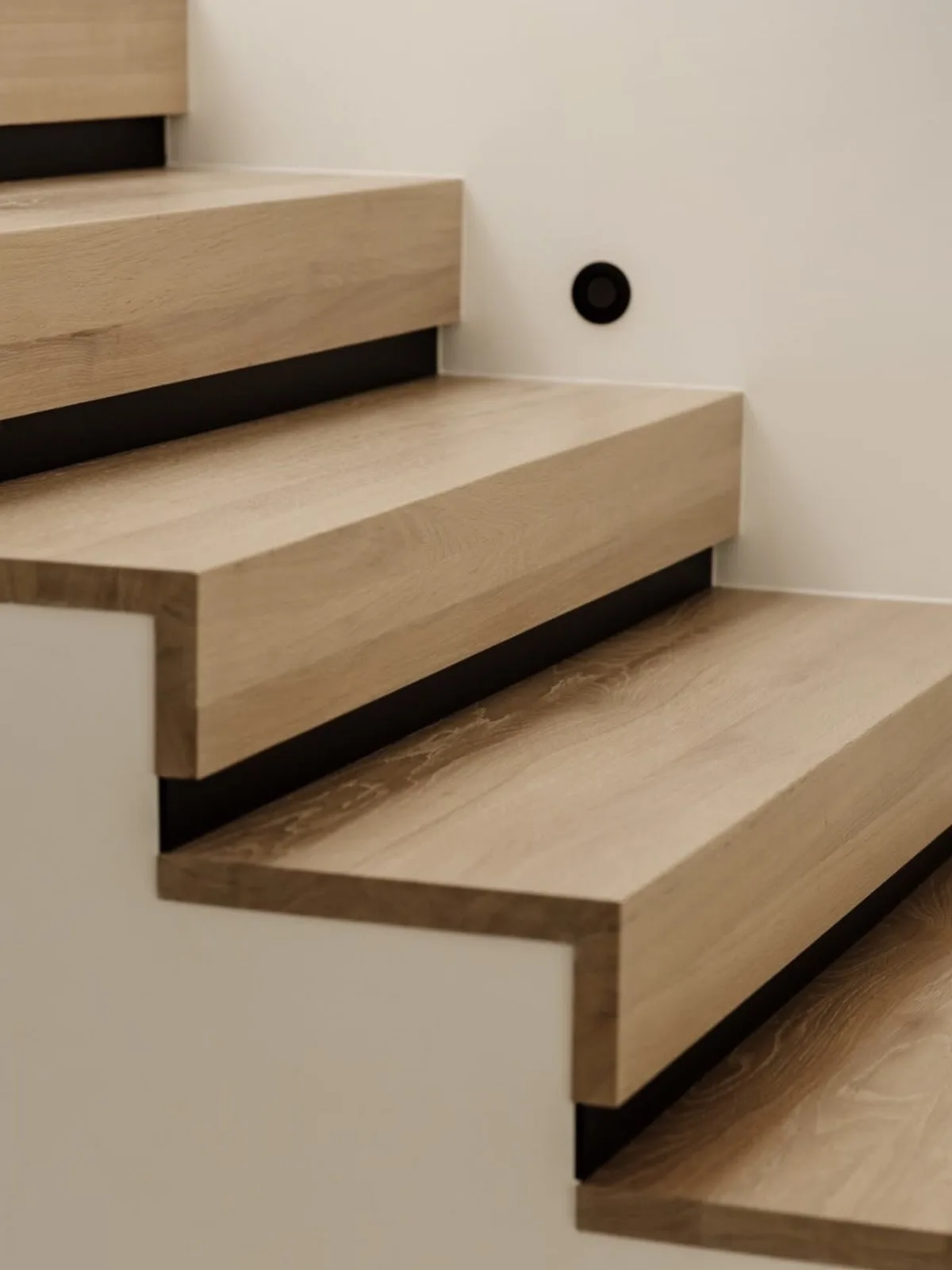Moderne Treppe mit Massivholzstufen aus Eiche und schwarzen Setzstufen